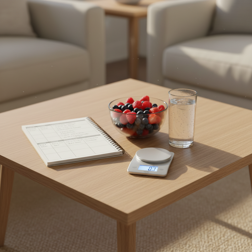 An inviting living room coffee table showcasing a realistic, enjoyable approach to slimming down: an open notebook with a weekly meal plan neatly written, a slim digital kitchen scale, a bowl of fresh berries, and a tall glass of water with condensation beading down the side. The table surface is light oak, surrounded by soft, neutral-toned furnishings that are gently blurred in the background. Warm late-afternoon natural light filters in from an unseen window, creating a cozy and achievable mood. Photographic realism, shot from a slightly elevated angle using the rule of thirds, emphasizing order, clarity, and a stress-free, sustainable lifestyle instead of extreme dieting.