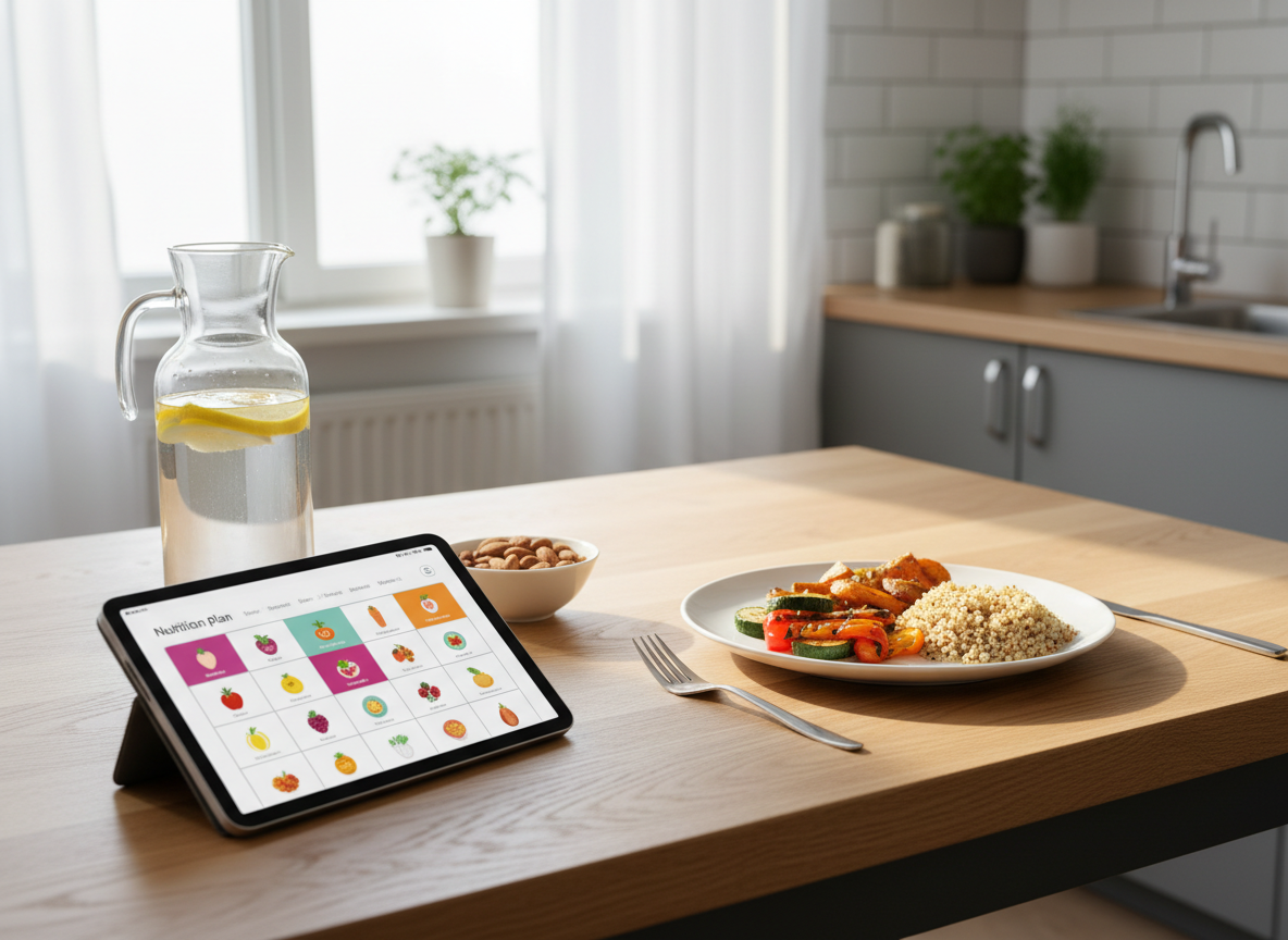 A neatly arranged wooden kitchen table displaying a realistic weight loss journey without any people: a digital tablet showing a colorful nutrition plan, a glass water carafe with lemon slices, a small bowl of mixed nuts, and a white plate with a balanced meal of grilled vegetables and whole grains. The scene is set near a large window with soft morning daylight casting gentle, natural shadows and subtle highlights on the textures of the food and wood grain. Photographic realism with a clean, modern aesthetic, shot at eye level using a shallow depth of field so the background kitchen fades into a soft blur, creating a calm, professional, and encouraging atmosphere about healthy, sustainable weight loss.